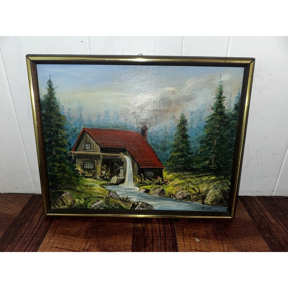 VTG Signed Oil Painting Alpine Water Mill Landscape Forest Stream Framed Art